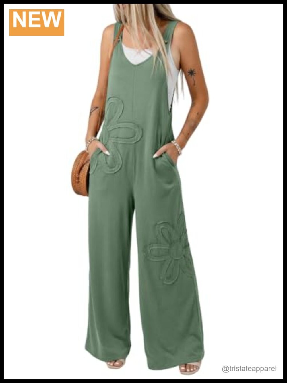Dokotoo Wide Leg Jumpsuit Floral Applique Loose Overalls with Pockets